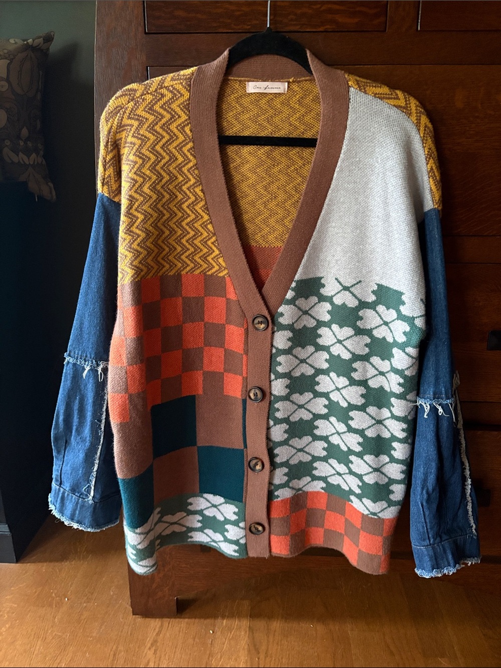 Cole Haan Multi-Color Patterned Button Cardigan with Denim Sleeves